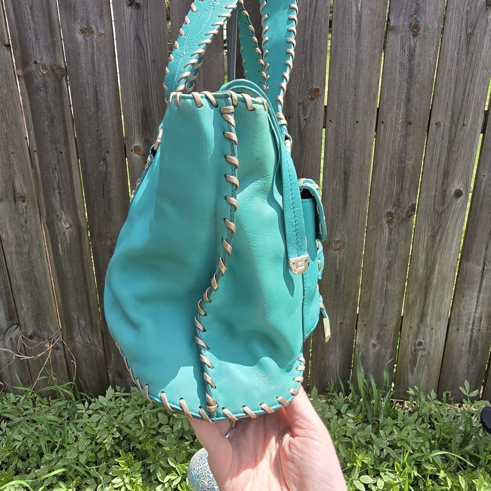 Vtg Y2k Rare Michael Kors Teal Woven Whipstitch Leather Satchel Shoulder Handbag - Picture 4 of 15